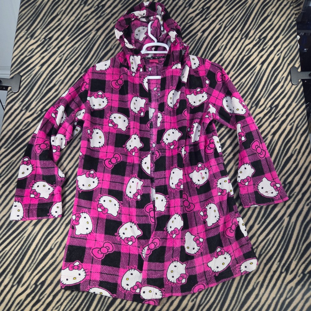 Sanrio Hello Kitty Hot Pink Black Plaid Hooded Plush Fleece Lounge Robe Y2K Aest